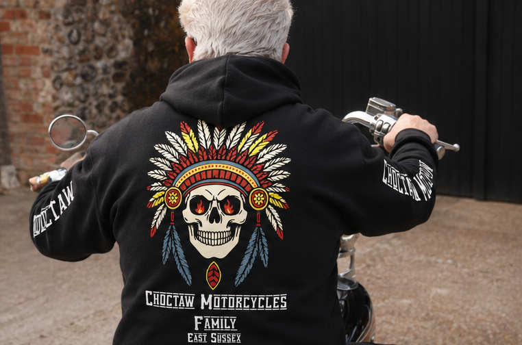 Person wearing a black hoodie with a Choctaw Motorcycles design, holding a motorcycle.
