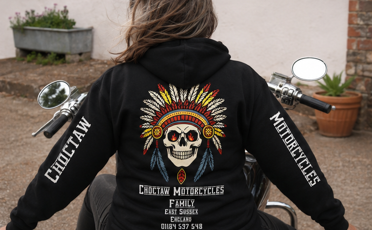 Person wearing a black hoodie with a skull design and 'Choctaw Motorcycles' branding.
