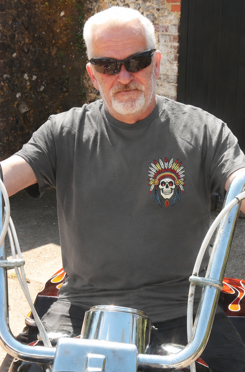 Man wearing sunglasses and a dark t-shirt with a skull design, sitting on a motorcycle.