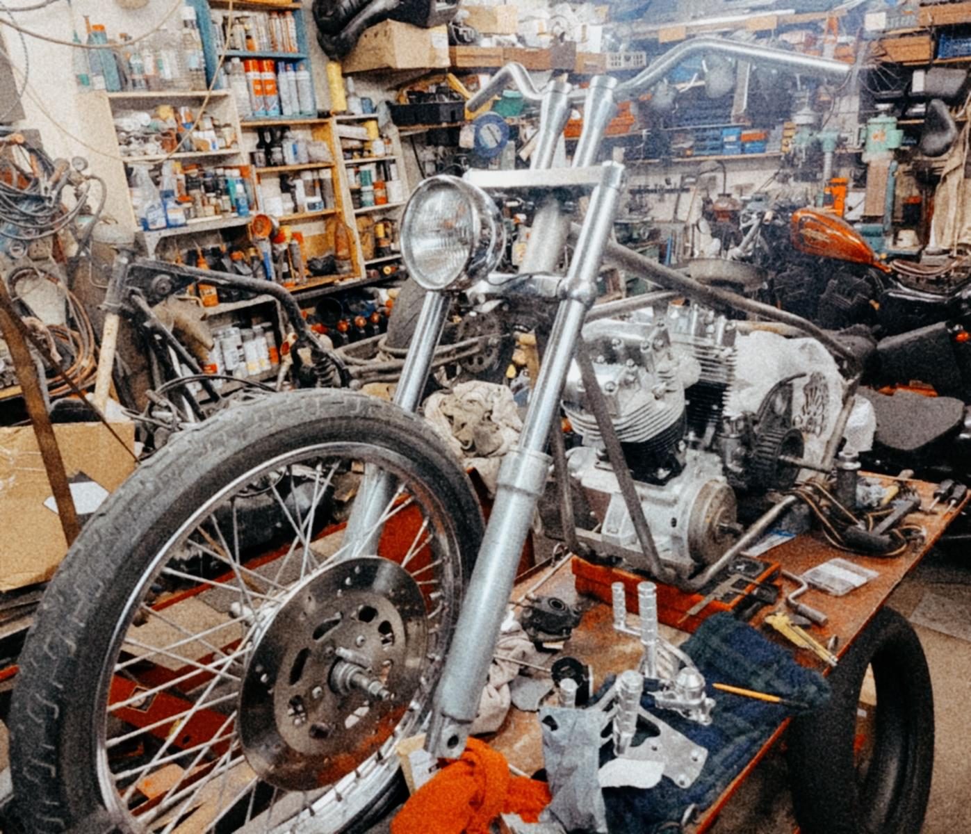 Harley-Davidson chopper build on the bench in the Choctaw workshop